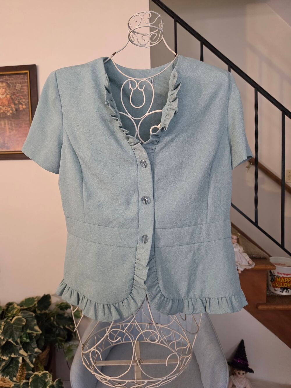 Vintage Sage Lt Blue Ruffle Trim Short Sleeve Blazer Jacket Peplum Cottagecore